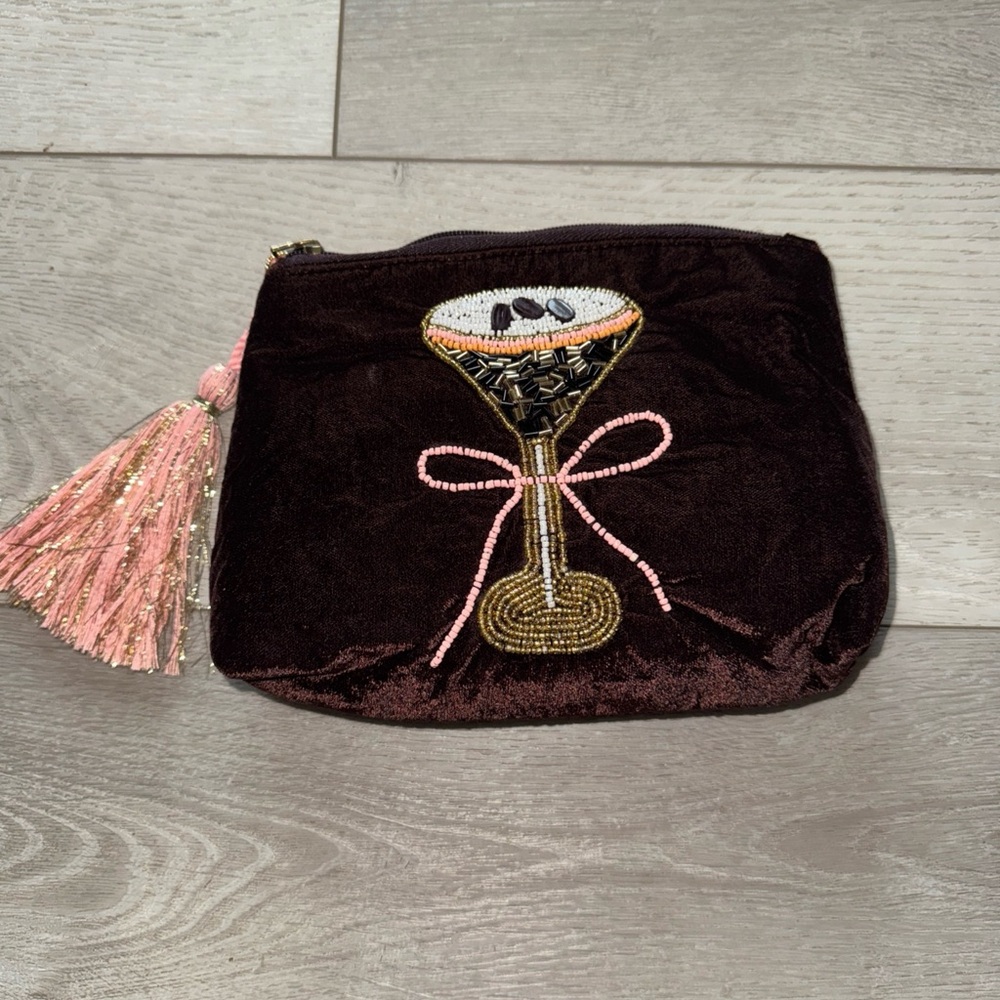 Velvet Brown Embroidered Cocktail Cosmetic Bag with Pink Tassel